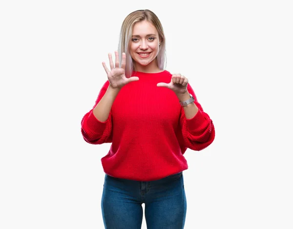 Junge Blonde Frau Trägt Winterpullover Über Isoliertem Hintergrund Und Zeigt — Stockfoto