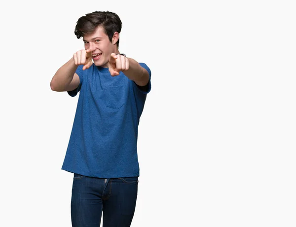 Homem Bonito Jovem Vestindo Camiseta Azul Sobre Fundo Isolado Apontando — Fotografia de Stock