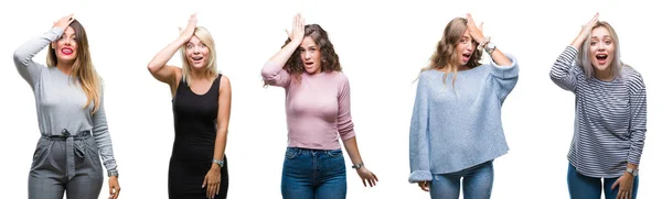 Collage Unga Vackra Kvinnor Över Isolerade Bakgrund Överraskade Med Handen — Stockfoto