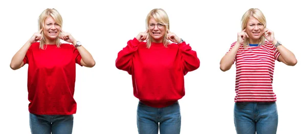 Collage Vackra Blonda Kvinna Som Bär Casual Röd Över Isolerade — Stockfoto