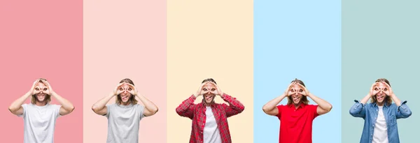 Collage Giovane Bell Uomo Strisce Colorate Sfondo Isolato Facendo Gesto — Foto Stock