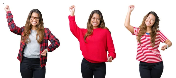 Collage Einer Schönen Jungen Frau Vor Isoliertem Hintergrund Die Fröhlich — Stockfoto