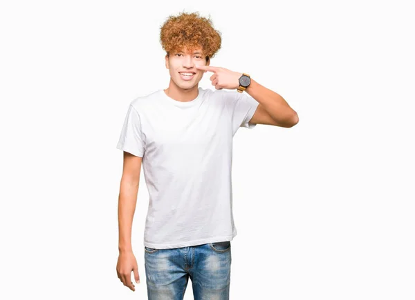 Young Handsome Man Afro Hair Wearing Casual White Shirt Pointing — Stock Photo, Image