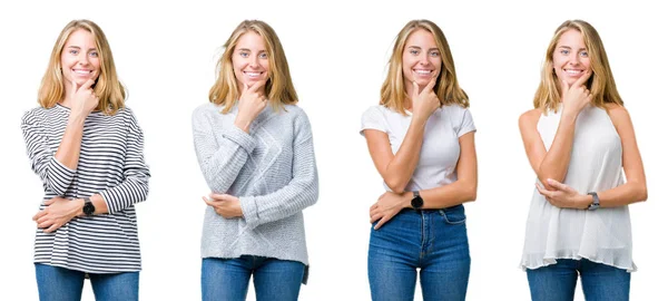 Collage Van Mooie Blonde Vrouw Witte Geïsoleerde Achtergrond Zoek Vertrouwen — Stockfoto