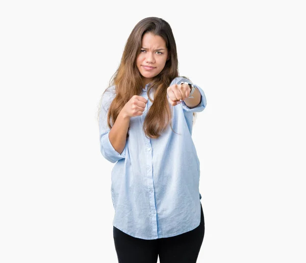 Ung Vakker Brunette Forretningskvinne Med Isolert Bakgrunn Som Slår Neven – stockfoto