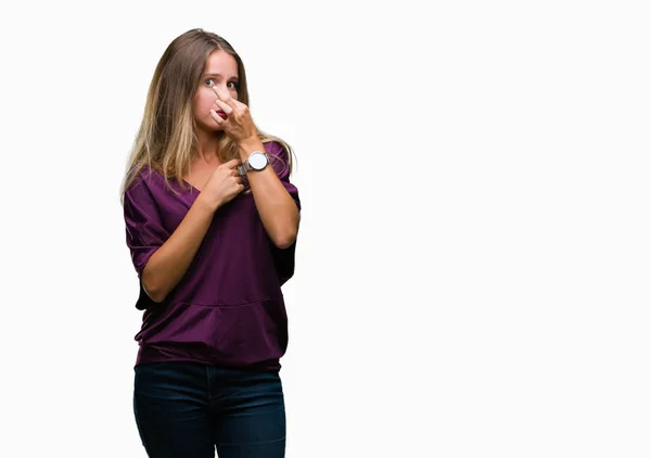 Young Beautiful Blonde Elegant Woman Isolated Background Smelling Something Stinky — Stock Photo, Image