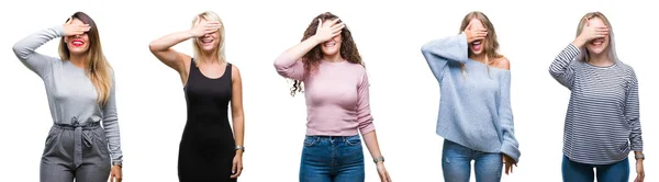 Collage Unga Vackra Kvinnor Över Isolerade Bakgrund Ler Och Skrattar — Stockfoto