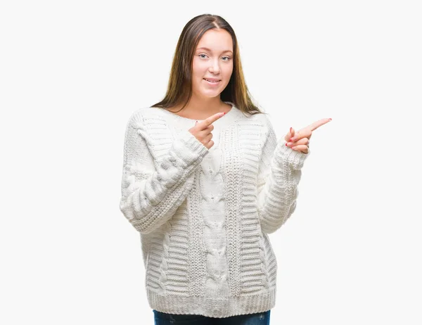 Young Beautiful Caucasian Woman Wearing Winter Sweater Isolated Background Smiling — Stock Photo, Image