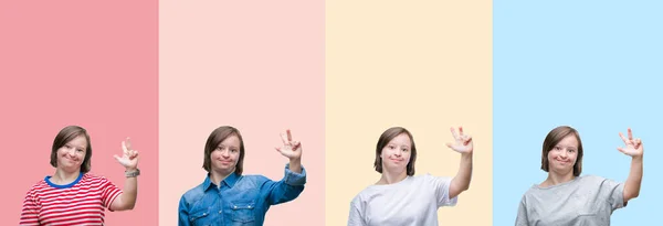 Collage Del Síndrome Mujer Sobre Rayas Colores Fondo Aislado Mostrando —  Fotos de Stock
