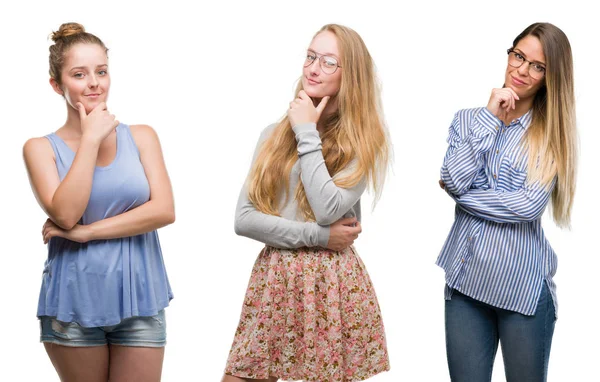 Collage Van Groep Blonde Vrouwen Geïsoleerde Achtergrond Zoek Vertrouwen Camera — Stockfoto