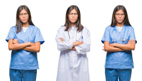 ホワイトの上に立ってアジアの若い外科医の医師や看護師の女性のコラージュは 背景の懐疑論者と組んだ腕で顔の神経 不賛成の式を分離しました 否定的な人 — ストック写真