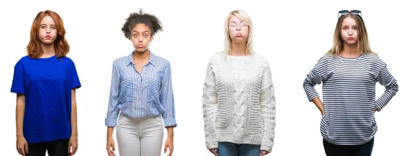 Collage Van Groep Van Mooie Ongedwongen Vrouw Geïsoleerde Achtergrond Puffend — Stockfoto