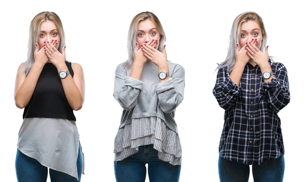 Collage Hermosa Mujer Joven Rubia Sobre Fondo Aislado Impactó Cubriendo — Foto de Stock