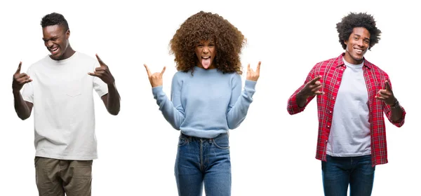 Afro Amerikai Embercsoport Mint Őrült Kifejezés Csinál Rock Szimbólum Kézzel — Stock Fotó