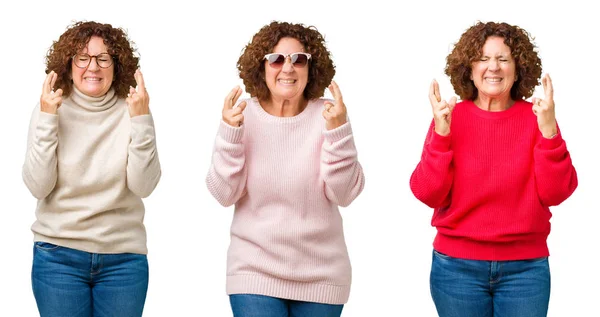Collage Mezza Età Donna Anziana Che Indossa Maglione Invernale Sfondo — Foto Stock