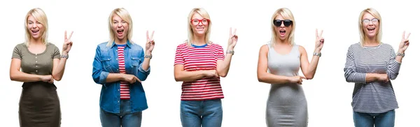 Collage Einer Schönen Blonden Frau Unterschiedlichen Kleidern Die Über Den — Stockfoto