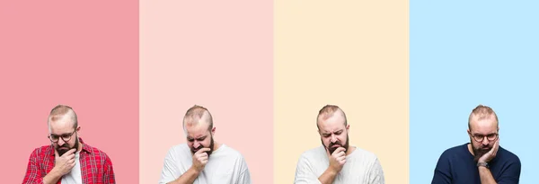 年轻男子的拼贴与胡子在五颜六色的条纹孤立的背景认为看起来疲惫和厌倦与交叉的手臂抑郁症的问题 — 图库照片
