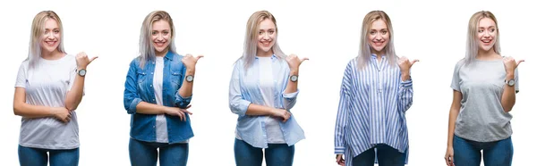 Collage Van Mooie Blonde Jonge Vrouw Geïsoleerde Achtergrond Glimlachend Met — Stockfoto