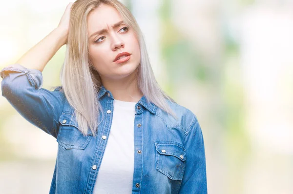 Jonge Blonde Vrouw Geïsoleerde Achtergrond Verwarren Vraag Vraag Onzeker Met — Stockfoto