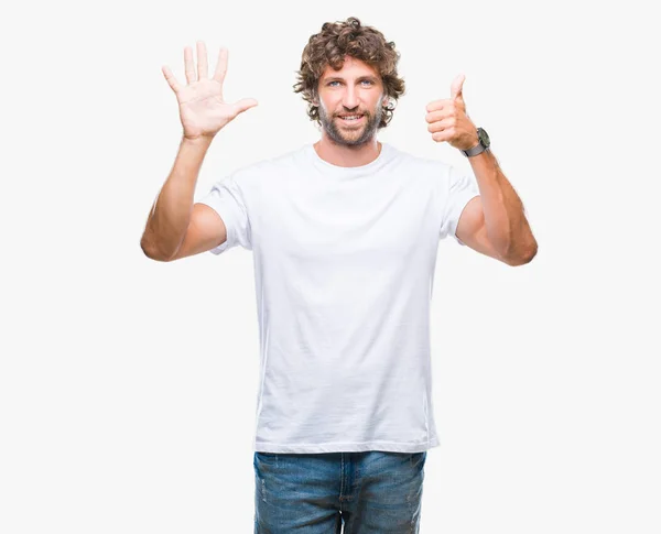 Hezký Hispánský Modelu Člověka Izolované Pozadí Zobrazení Ukázal Prsty Číslo — Stock fotografie