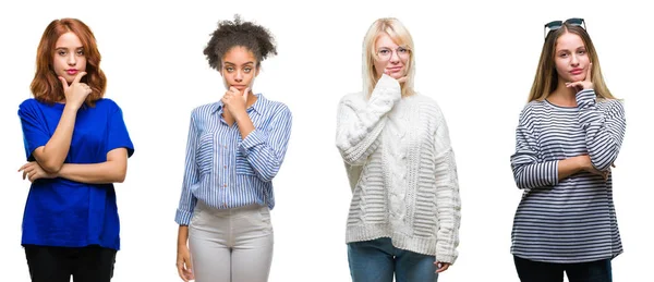 Collage Van Groep Van Mooie Ongedwongen Vrouw Geïsoleerde Achtergrond Zoek — Stockfoto