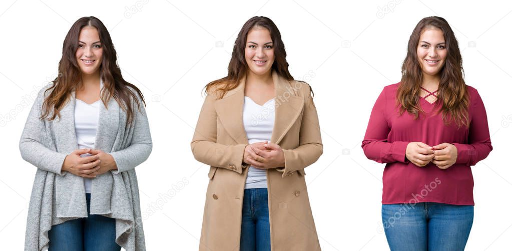 Collage of beautiful plus size woman over isolated background Hands together and fingers crossed smiling relaxed and cheerful. Success and optimistic