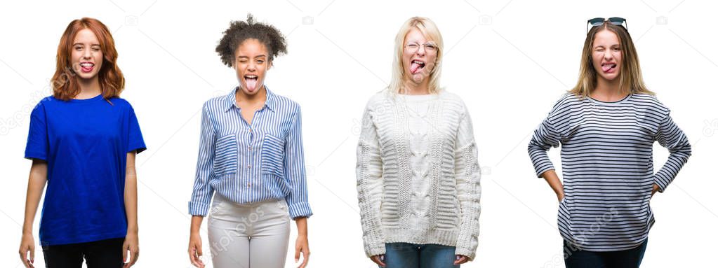 Collage of group of beautiful casual woman over isolated background sticking tongue out happy with funny expression. Emotion concept.