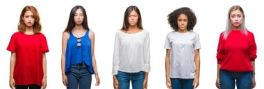 Kızgın ve korkmuş ağlıyor güzel Çin, Asya, Afrika kökenli Amerikalı, beyaz kadın depresif izole arka plan ve sıkıntı, endişe grubu kolaj. Üzgün ifade.