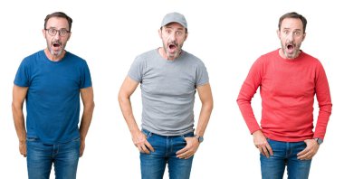 Üst düzey yakışıklı beyaz izole arka plan korkuyor ve şok sürpriz ifade, korku ve heyecan yüz üzerinden kolaj.