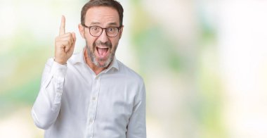 Başarılı fikirle izole arka plan işaret parmağı üzerinde gözlük takan yakışıklı orta yaş zarif üst düzey iş adamı. Çıktıktan ve mutlu. Bir numara.