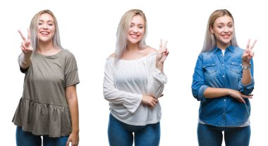 Mutlu yüz zafer işareti yaparken kameraya göz kırpıyor ile gülümseyen izole arka plan güzel sarışın genç kadın kolaj. İki numaralı.