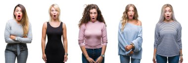 Kolaj korkuyor ve şok sürpriz ifade, korku ve heyecan yüz ile izole arka plan üzerinde genç güzel kadın.