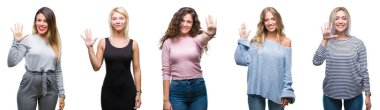 Kolaj gösterilen ve parmakları ile işaret izole arka plan üzerinde genç güzel kadın kendinden emin ve mutlu gülümseyerek süre beş numara.