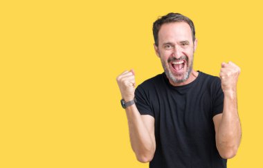 İzole arka plan kutlama üzerinden yakışıklı orta yaş ağarmış komuta sizde şaşırttı ve başarı için kaldırdı kollarını açarak hayret ve gözleri açık. Kazanan kavramı.