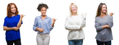 Seyir ve başparmak yanında yukarıyı mutlu yüz ile gülümseyen izole arka plan güzel casual kadın Grubu'nun kolaj.