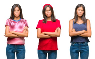 Çinli Asyalı kadın izole arka plan şüpheci ve çapraz kolları olan yüzündeki gergin, onaylamayan ifade kolaj. Negatif kişi.