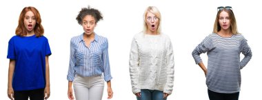 Kolaj izole arka plan korkuyor ve sürpriz ifade, korku ve heyecan yüz ile şok güzel casual kadın grup.