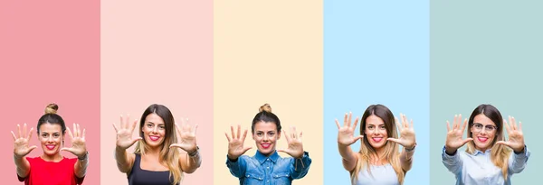 Collage Joven Hermosa Mujer Sobre Rayas Colores Fondo Aislado Mostrando —  Fotos de Stock