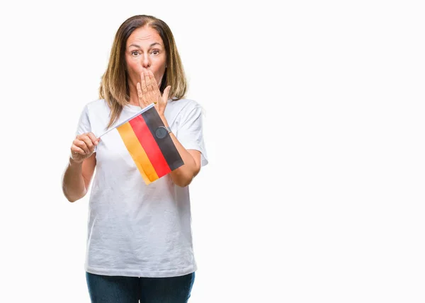 Hispanische Frau Mittleren Alters Mit Deutschland Fahne Über Isoliertem Hintergrunddeckel — Stockfoto