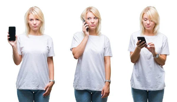 Collage Vacker Blond Kvinna Med Smartphone Isolerade Bakgrund Med Självsäker — Stockfoto