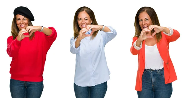 Colagem Bela Mulher Meia Idade Sobre Fundo Isolado Branco Sorrindo — Fotografia de Stock