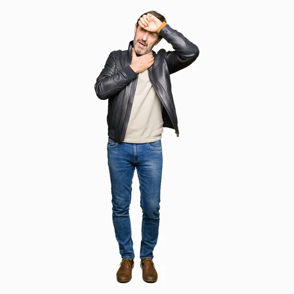 Middle Age Handsome Man Wearing Black Leather Jacket Touching Forehead — Stock Photo, Image