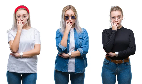 Collage Einer Schönen Blonden Jungen Frau Mit Brille Vor Isoliertem — Stockfoto