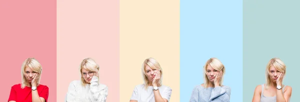 Коллаж Красивой Блондинки Красочных Полосах Изолированный Задний План Мышления Выглядит — стоковое фото