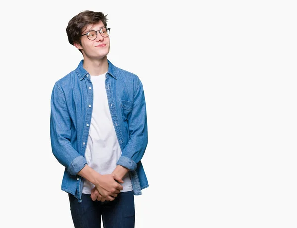 Junger Gutaussehender Mann Mit Brille Über Isoliertem Hintergrund Der Lächelnd — Stockfoto