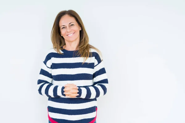 Beautiful Middle Age Woman Wearing Navy Sweater Isolated Background Hands — Stock Photo, Image