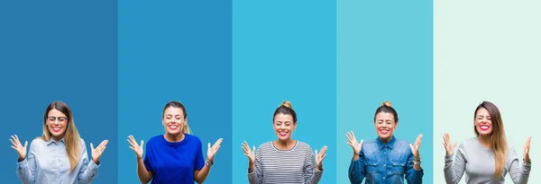 Collage Van Jonge Mooie Vrouw Geïsoleerde Achtergrond Blauwe Strepen Vieren — Stockfoto