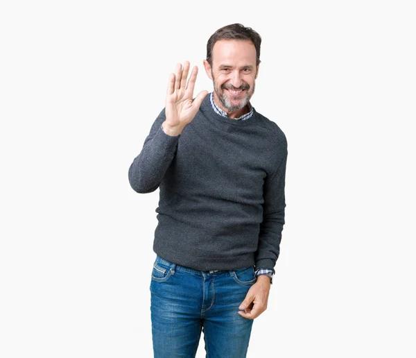 Handsome Middle Age Senior Man Wearing Sweater Isolated Background Waiving — Stock Photo, Image