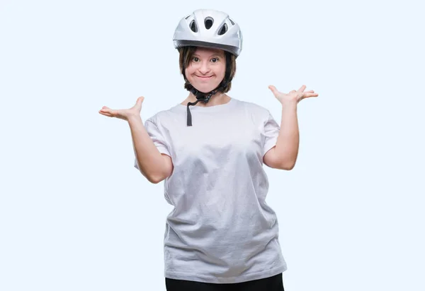 Mulher Ciclista Adulto Jovem Com Síndrome Usando Capacete Segurança Sobre — Fotografia de Stock