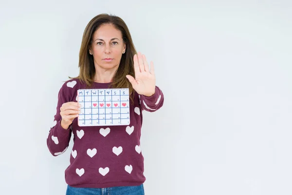 Middle Age Woman Holding Menstruation Calendar Isolated Background Open Hand — Stock Photo, Image